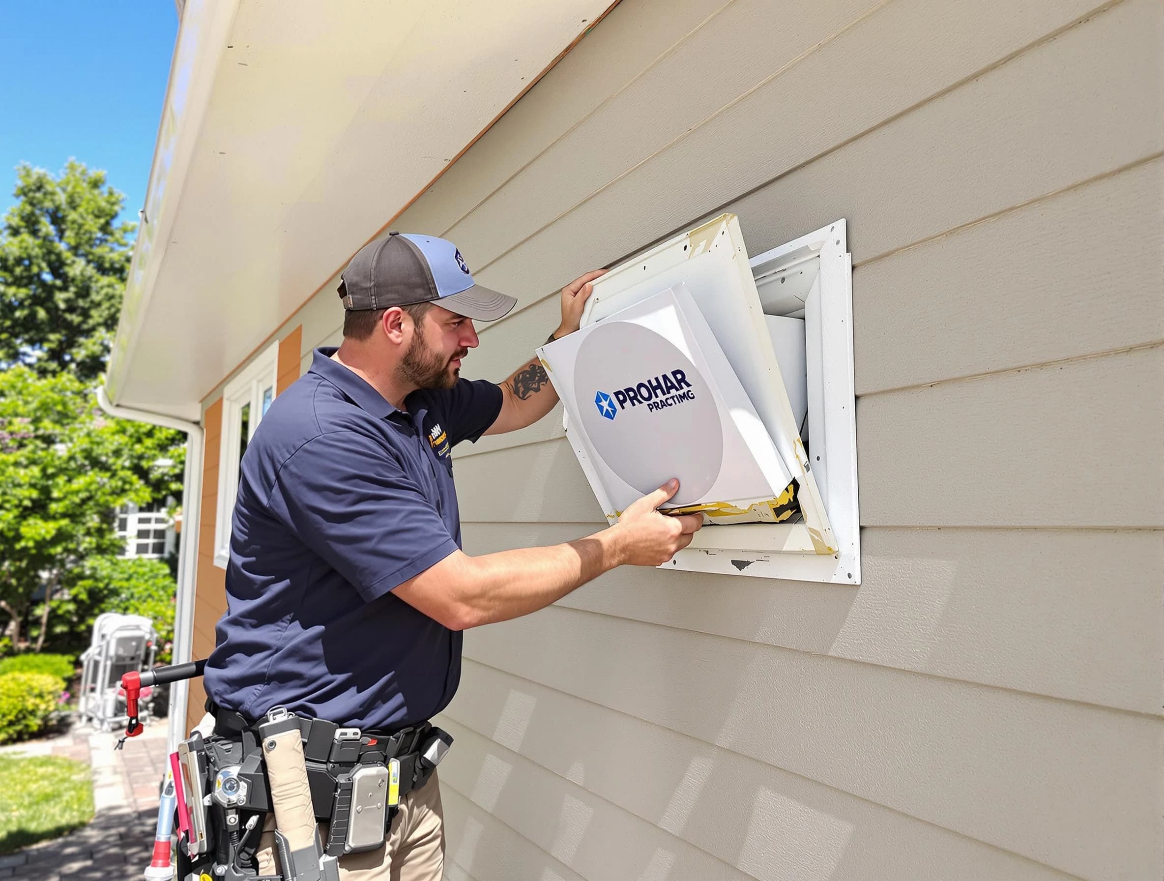 Green Hill Dryer Vent Cleaning technician installing a new protective dryer vent cover on a home in Green Hill
