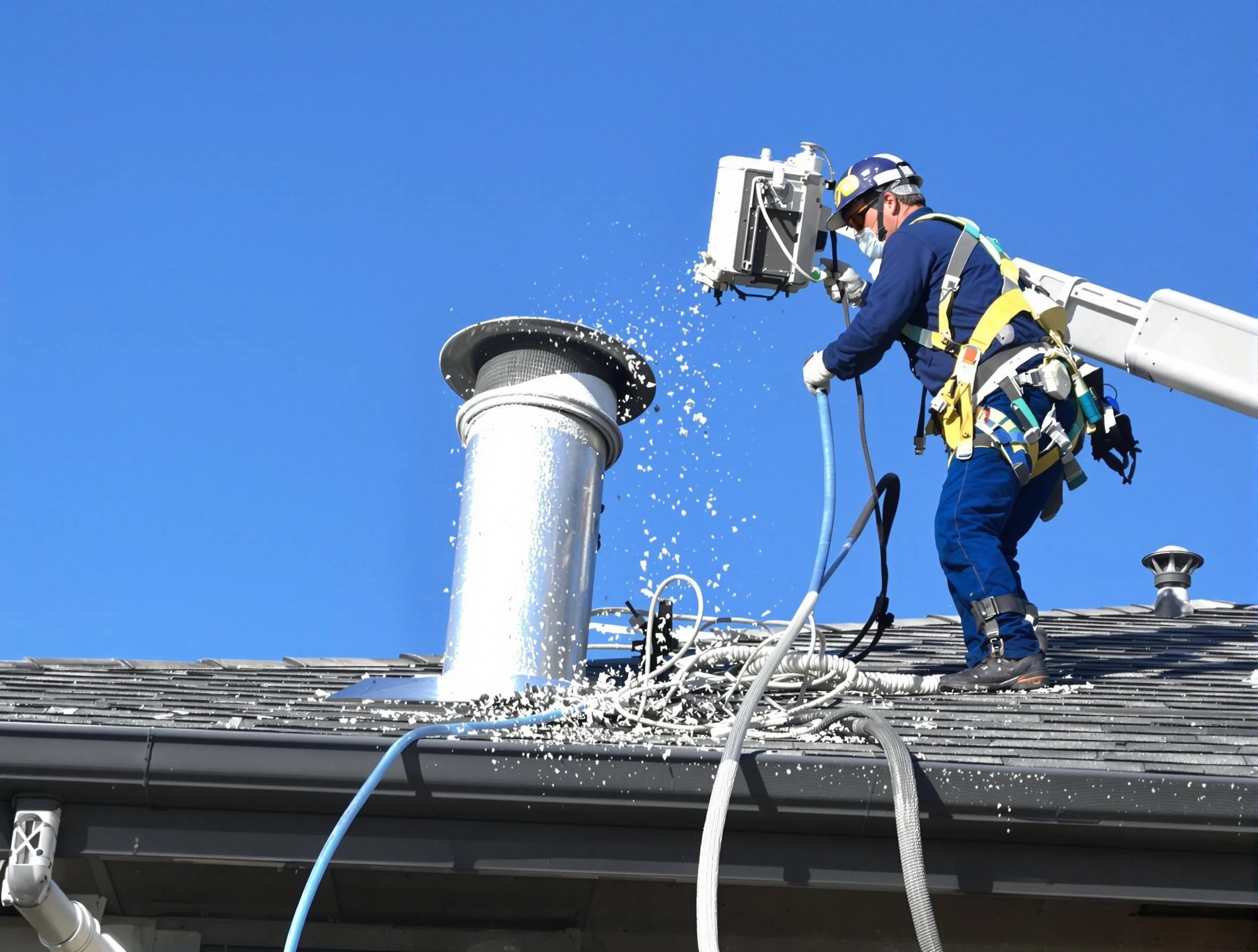 Green Hill Dryer Vent Cleaning certified technician safely cleaning a roof-mounted dryer vent in Green Hill